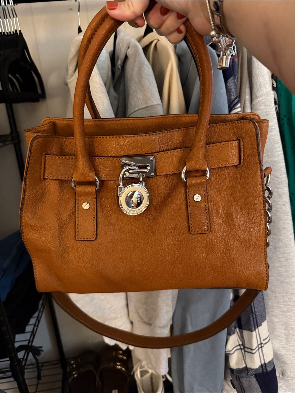 Michael Kors Hamilton Cognac Leather Satchel with Signature Padlock